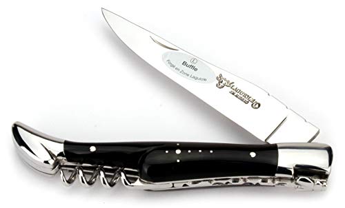 LAGUIOLE en Aubrac - Laguiole Messer 12 cm - Griff Büffelhorn - Korkenzieher - Klinge und Backen glänzend -Taschenmesser Frankreich