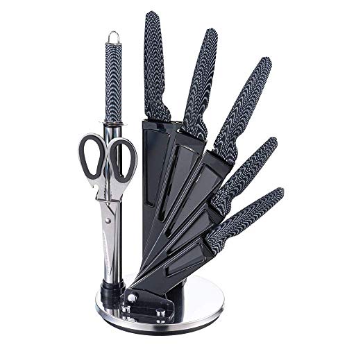 Michelino 8-teiliges Edelstahl Messer-Set mit Acryl-Ständer Kochmesser Brotmesser Fleischmesser Universalmesser Schälmesser Wetzstahl Schere (Carbonoptik)