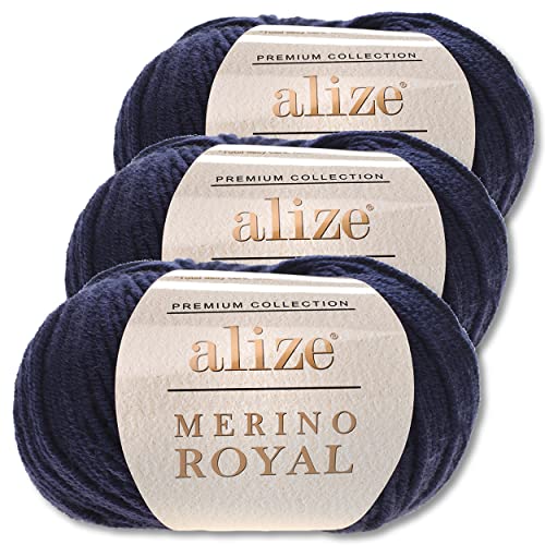 Wohnkult Alize 3x50 g Merino Royal 100% Merinowolle 9 Farben zur Auswahl Superwash Wolle Warmer (58 | Dunkelblau)