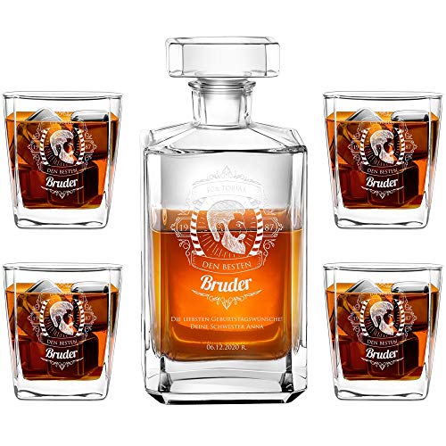 Murrano Whiskey Karaffe + 4er Whiskygläser Set mit Gravur - 700ml Whisky Dekanter - Geschenk zum Geburtstag für Männer - Bruder