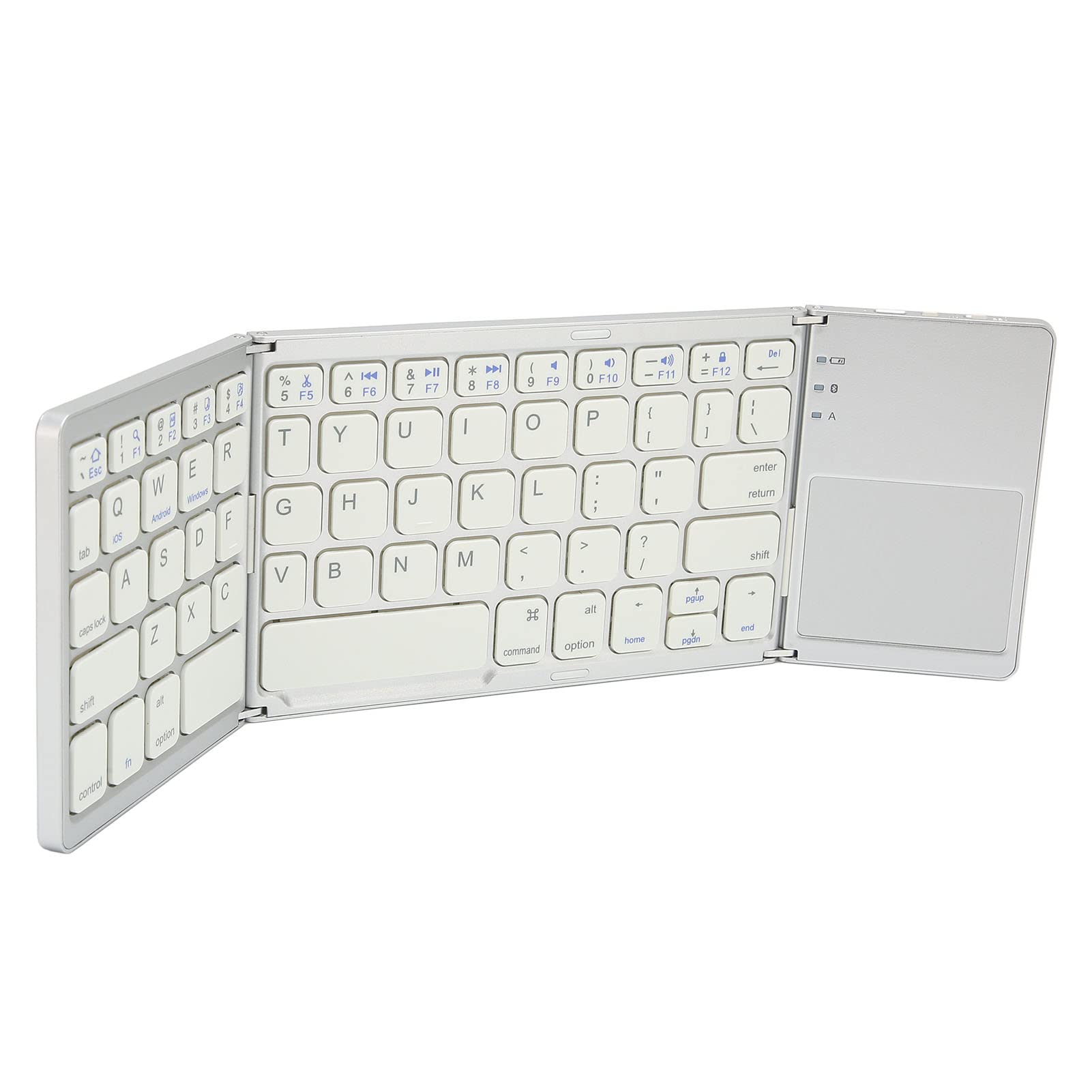 Faltbare -Tastatur, 63 Tasten, Metall, ultradünne -Tastatur, tragbare drahtlose Tastatur mit Touchpad für Windows für iOS für Android (Silber)