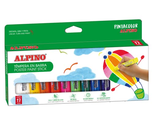 Alpino 12 Solid Tempera für Kinder | Stangentempera | Schulbedarf | Farben für Kinder in lebhaften Farben | Mischbare Farbe | Schnell trocknend | Temperafarben