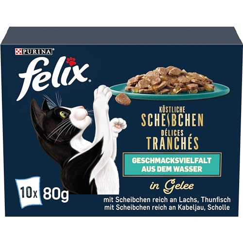 Felix Köstliche Scheibchen Katzenfutter nass in Gelee, Geschmacksvielfalt aus dem Wasser, 6er Pack (6 x 10 Beutel à 80g)