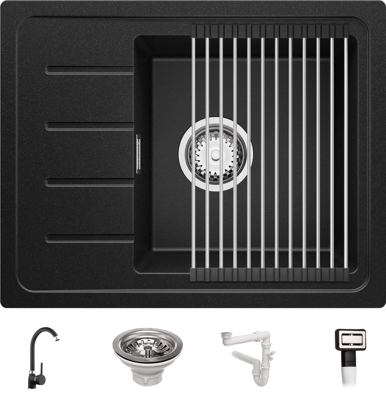 Spülbecken Schwarz 55x44 cm, Granitspüle + Ablauf-Set + Küchenarmatur 5000, Küchenspüle für 45er Unterschrank, Einbauspüle von Primagran