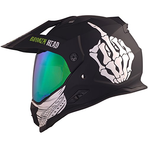 Broken Head Street Rebel grün Motocross-Helm Set mit grün verspiegeltem Visier - Enduro-Helm - MX Cross-Helm mit Sonnenblende - Quad-Helm (M 57-58 cm)