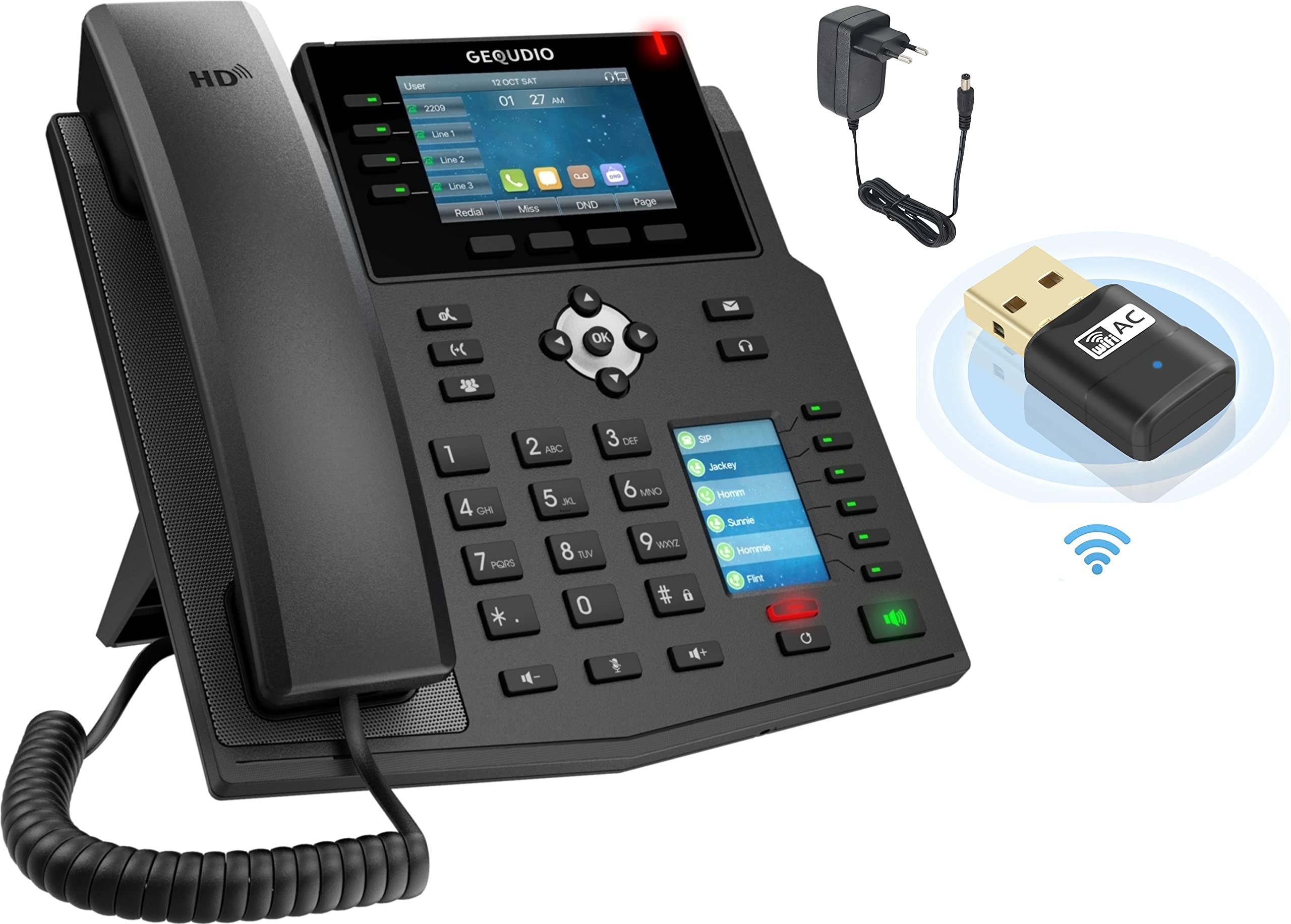 GEQUDIO IP Telefon GX5+ inklusive Netzteil, USB WLAN Stick - Fritzbox, Telekom kompatibel - Premium Freisprechen - Anweisungen für FritzBox, Sipgate, Telekom Digitalisierungsbox, Speedport