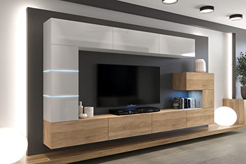 Furnitech AN89 New Modernes Wohnzimmer Wohnwand Wohnschrank Schrankwand Mediawand Möbel (LED weiß, AN89NEW-21WS-HGM21)
