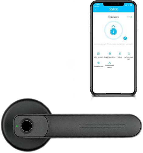 SOREX FLEX EASY Elektronisches Türschloss Fingerprint, Türgriff - Fingerabdruck & Smartphone Schloss, kompatibel mit Alexa & Google Home (Öffnung per Bluetooth - Schwarz)