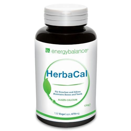 EnergyBalance HerbaCal - Algen Calcium Kapseln, K2 MK-7 Hochdosiert - mit natürlichen Vitaminen und Antioxidantien - für Knochen und Zähne - Vegan - 120 VegeCaps à 875mg