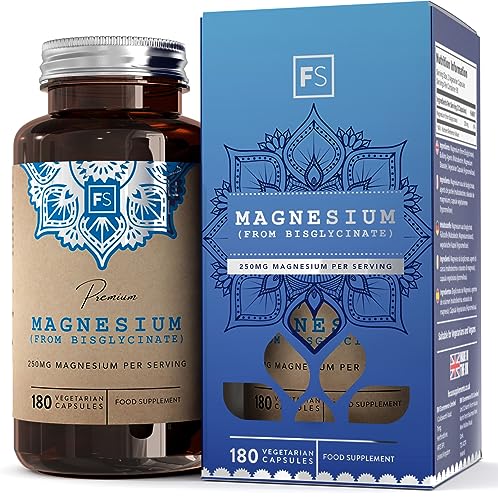 FS Magnesium Glycinat Hochdosiert Kapseln 1250mg | 180 Vegan Kapseln | Magnesium Glycinate Supplement für Einen Besseren Schlaf | Sehr Bioverfügbares Magnesium | Milch, Allergen und Gluten Frei