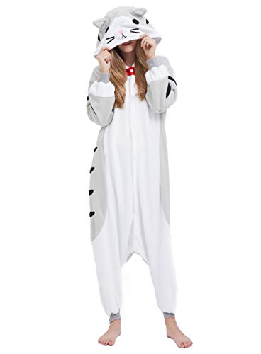 ULEEMARK Jumpsuit Onesie Tier Karton Fasching Halloween Kostüm Sleepsuit Cosplay Overall Pyjama Schlafanzug Erwachsene Unisex Lounge Kigurumi Tabby Katze for Höhe 140-187CM
