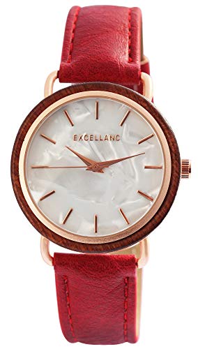 Excellanc Damen – Uhr Lederimitations Armbanduhr Holz-Ring Analog Quarz 1900244