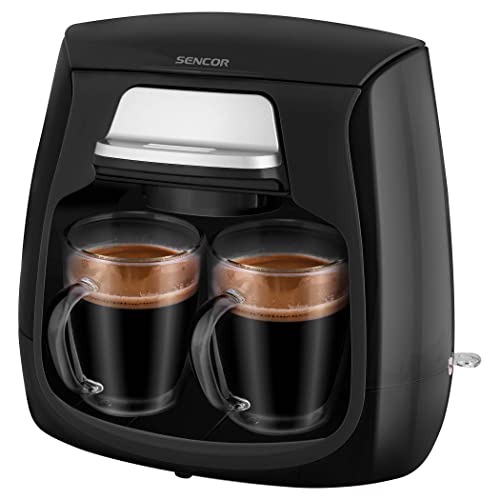 Sencor Kaffeemaschine zum Brauen von 2 Tassen Kaffee auf einmal & 2 doppelwandiges Glas, Schwarz