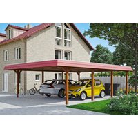 Skan Holz Doppelcarport Wendland Nussbaum 630 x 879 cm EPDM-Dach Blende Rot