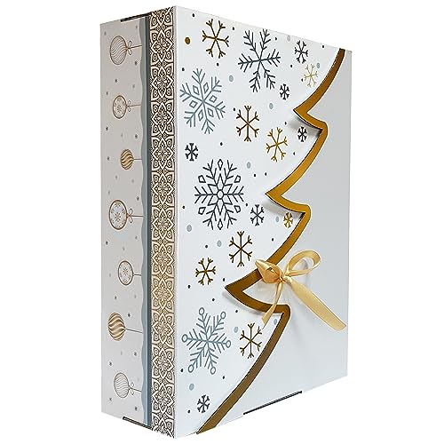 Premium Weiß Bedruckte Weihnachtsbaum Geschenkbox – 12 Stk – 35x25x10 cm | Eingetragenes EU-Design | Anpassbares Band | Nachhaltige Verpackungslösung