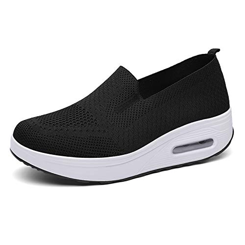 Orthopedic Shoes for Women, Arch Support Air Cushion Walking Shoes, Women's Knit Mesh Breathable Slip On Platform Sneakers. (37, Black)