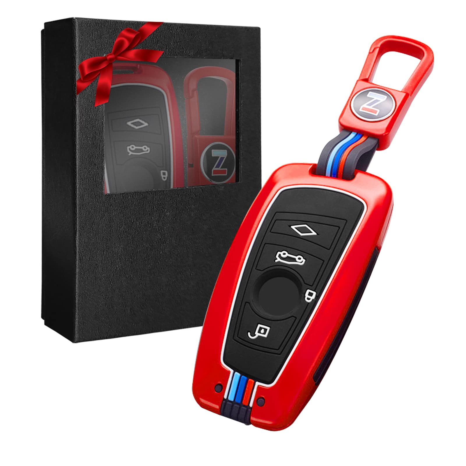Yumzeco Zinklegierung Autoschlüssel Hülle Keyless Kompatibel mit 1 3 4 5 6 7 Serie X3 X4 M5 M6 3GT 5GT Schlüsselhülle mit Silicone TPU Schlüssel Cover Schutzhülle mit Schlüsselanhänger Rot