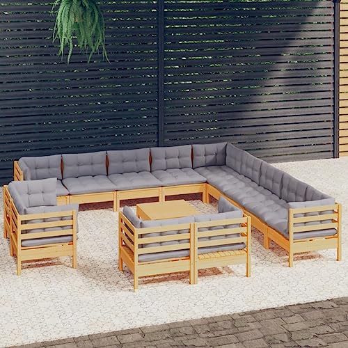 ZQQLVOO Lounge Sessel Terrassenmöbel Terassenmöbel Außen14-tlg. Garten-Lounge-Set mit Grauen Kissen Massivholz Kiefer