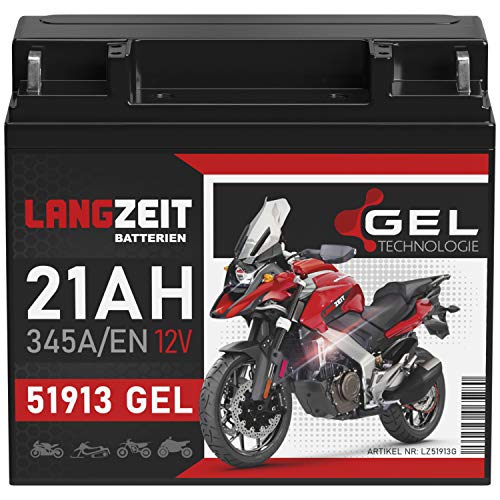 LANGZEIT 51913 GEL Motorradbatterie 12V 21Ah 345A/EN Gel Batterie 519013017 ABS 19Ah G19 doppelte Lebensdauer vorgeladen auslaufsicher wartungsfrei