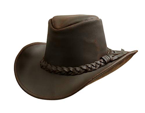 Kakadu Traders Cowboy Lederhut Ranger mit formbarer Krempe und geflochtenem Hutband