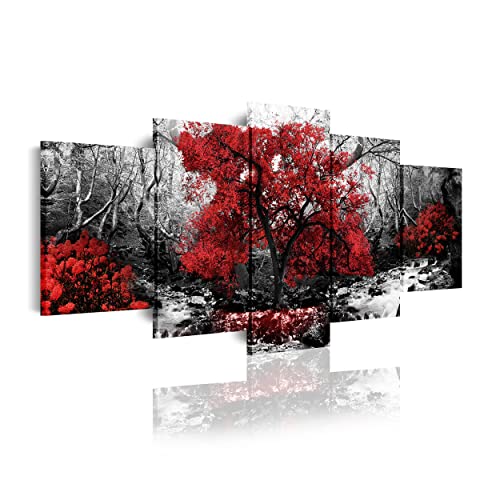 DekoArte 267 - Modernes Bild, digitalisierter Kunstdruck | Dekoratives Bild für den Salon oder das Schlafzimer | Stil Natur Schwarz weiβ mit roten Bäumen | 5 Teile 200 x 100 cm XXL