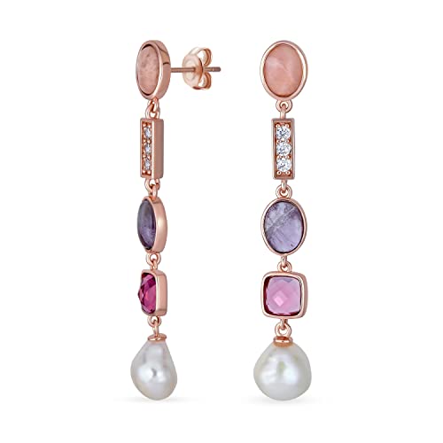 Boho Tri Tone Gemischter Edelstein Kristall Akzent Linear Dünn Leicht Lang Barock Perle Rosa Turmalin Lila Amethyst Dangle Ohrringe für Frauen Teens Rosé vergoldet