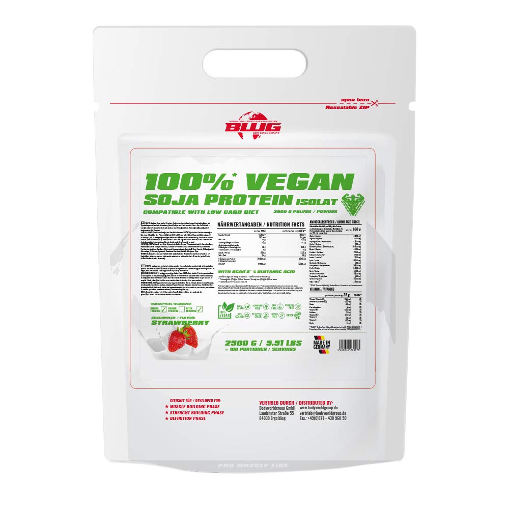 BWG Soja Isolat Protein Shake, 100% (Vegan und Laktosefrei) rein pflanzliches Eiweiss Pulver, Premium Sojaeiweiß, ohne Gentechnik, Strawberry, 1 x 2500 g