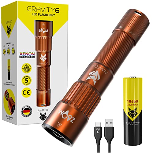 AMAFOX G6 - XENON Megabeam Hochleistungs- LED Taschenlampe Aufladbar - Bronze - Extrem Hell | Taktische Taschenlampe led mit USB C & 18650 Akku