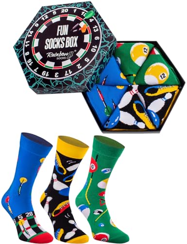 Rainbow Socks - Damen Herren Fun Socks Box Geschenk - 3 Paar - Billard Bowling Dart - Größen 36-40
