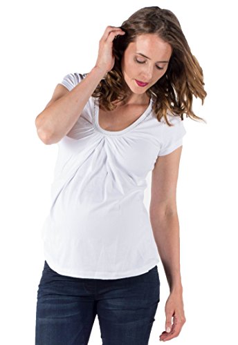 Love2Wait Umstandsmode Shirt Top Nursing Organic Cotton- GOTS Zertifiziert Damen/kurz Arm Shirt- White L
