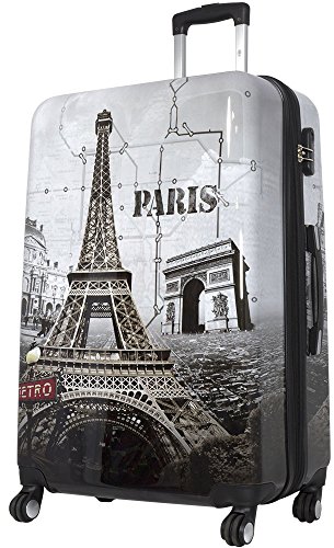 Trendyshop365 Reisekoffer Groß Hartschale mit Paris Motiv Bedruckt 77cm 94 Liter 4 Rollen Bunt