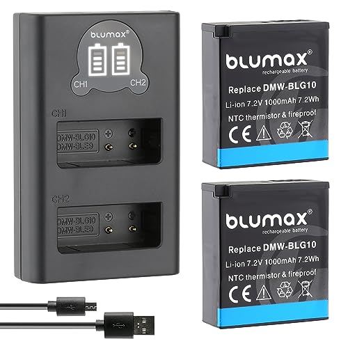 2X Blumax DMW BLG10e Akku 1000mAh (NTC Temperatursensor & V1 Gehäuse) + Dual LCD-Ladegerät - kompatibel mit Panasonic Lumix DC-TZ95D DC-GX9 TZ202 TZ91 DMC TZ101 TZ81 GF6 GX7 GX80 LX100 G110