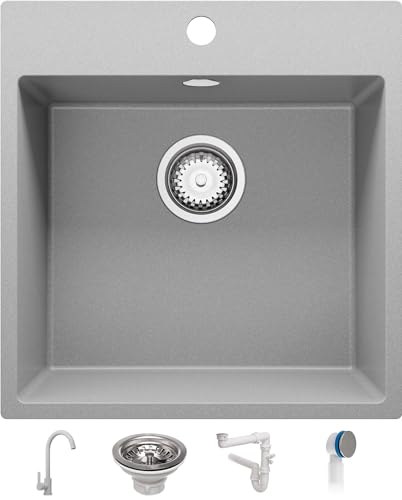Spülbecken Grau 48x50 cm, Granitspüle 1 Becken + Ablauf-Set + Küchenarmatur, Küchenspüle ab 50er Unterschrank, Einbauspüle von Primagran