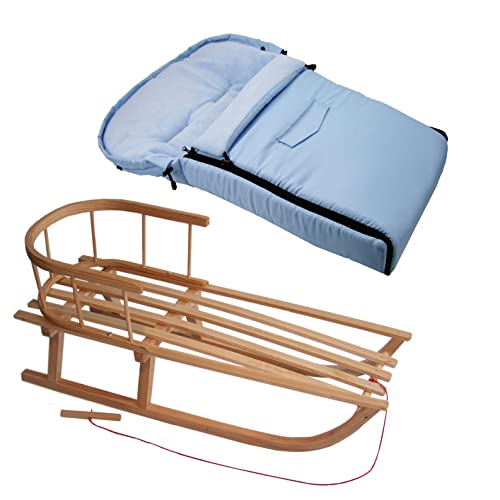 Kombi-Angebot Holz-Schlitten mit Rückenlehne & Zugseil + universaler Winterfußsack (90cm), auch geeignet für Babyschale, Kinderwagen, Buggy, Thermofleece Uni (hellblau + Schlitten)