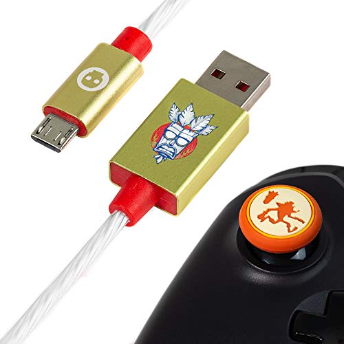 Numskull Offizielle Crash Bandicoot LED Micro USB Kabel und Daumen-Stick-Griffe - 1,5m Schnell-Ladekabel, Xbox One, PS4 Controller