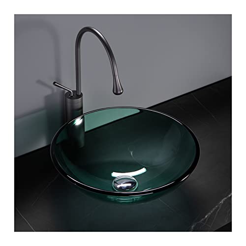 Badezimmer-Waschbecken, grün, 43,2 cm (17 Zoll) rundes Aufsatzwaschbecken-Set, künstlerische Waschbecken-Schüssel-Kombination aus gehärtetem Glas