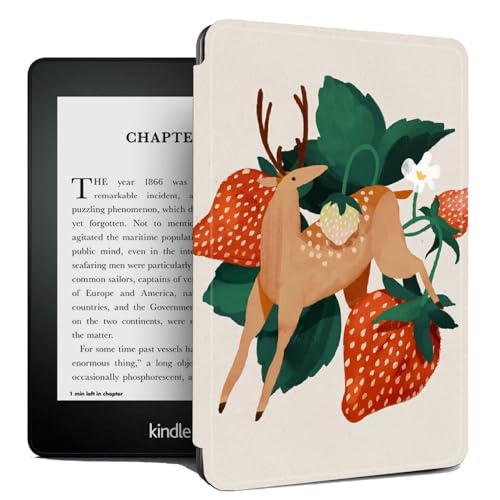 Hülle Für Amazon Kindle Paperwhite 2012 Bis 2017 (6,0 Zoll), Pu-Leder, Ultradünn, Magnetisch, Schlaf-/Wachfunktion, Holster-Flip-Cover – Erdbeere Und Hirsch