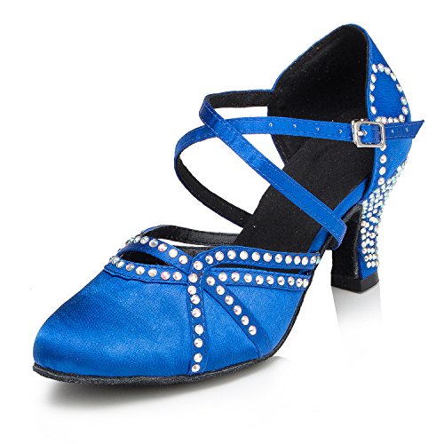 URVIP Neuheiten Frauen's Pailletten Heels Absatzschuhe Moderne Latein-Schuhe mit Knöchelriemen Tanzschuhe LD034 Blau 40 EU