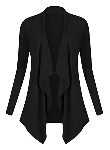 Urban GoCo Damen Strickjacke Cardigan Langarmshirt Wasserfall Strickmantel (S, Schwarz)