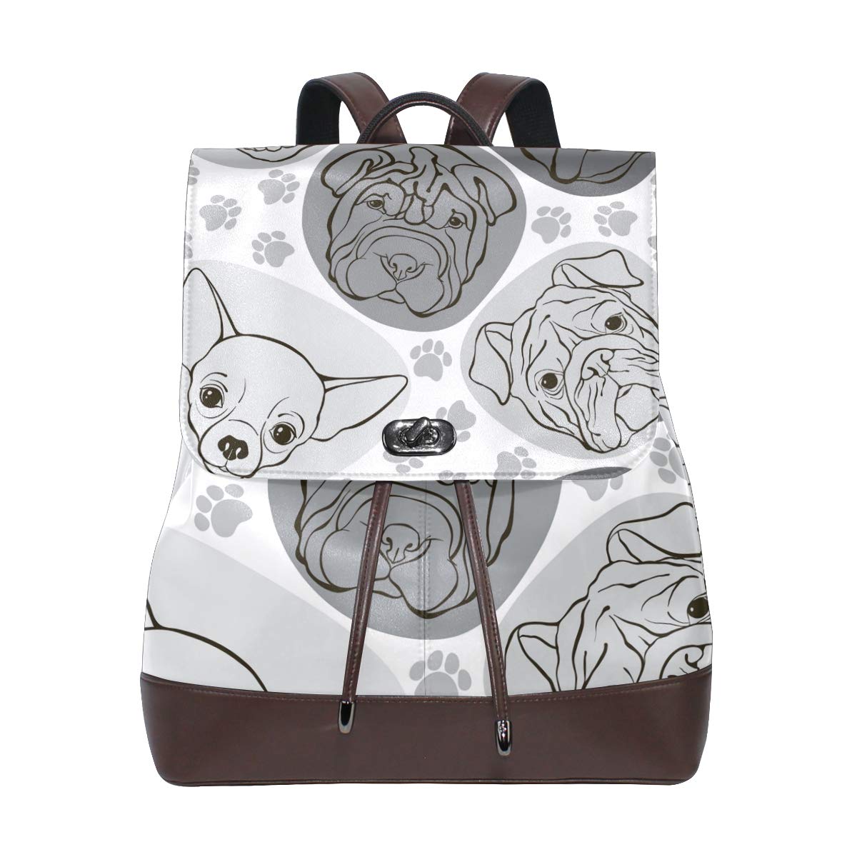 FANTAZIO Rucksack mit Gesichtern von Hunden Mops Bulldog Pfotenabdrücke Muster Reisetasche