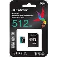 ADATA Premier Pro V30S - Flash-Speicherkarte (SD-Adapter inbegriffen) - 512 GB - A2 / Video Class V30 / UHS-I U3 / Class10 - microSDXC UHS-I