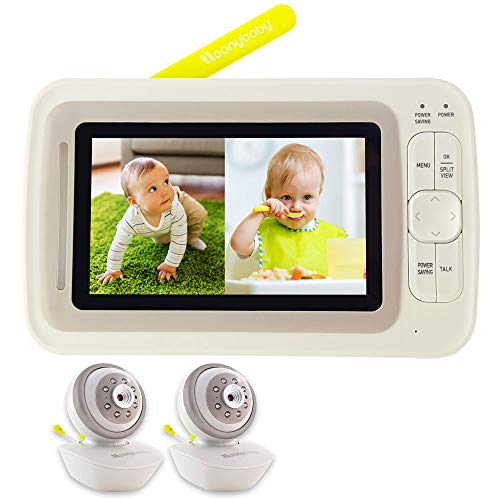 Video Baby Monitor 2 Cameras, Split Screen by Moonybaby, Pan Tilt Camera, 170 Degree Wide View Lens Included, 4.3 inches Large Monitor, Night Vision, Temperature, 2 Way Talk Back, Long Range