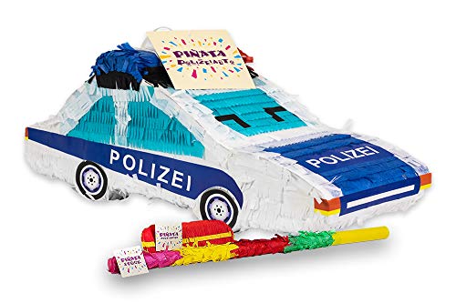 Trendario Pinata Polizei Auto Set, Pinjatta + Stab + Augenmaske, Ideal zum Befüllen mit Süßigkeiten und Geschenken - Piñata für Kindergeburtstag Spiel, Geschenkidee, Party, Hochzeit