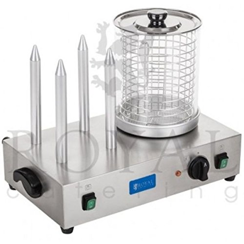 Royal Catering Hot Dog Maschine Gastro Hot-Dog Maker Professionell RCHW 2300 (Leistung 1100 Watt, Temperatur 0-95 °C, Zylinderhöhe 24 cm, Zylinderdurchmesser 20 cm, 4 Toaststangen)