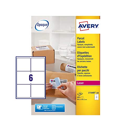 Avery L7166B Selbstklebende Paketetiketten, Laserdrucker, 6 Etiketten pro A4-Blatt, 600 Etiketten, BlockOut