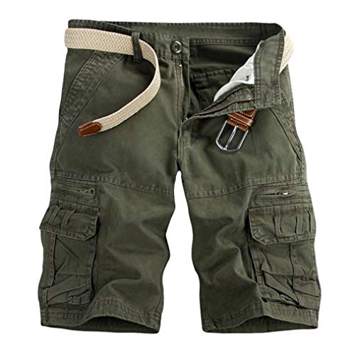 KEERADS Herren Shorts Sommer Cargo Chino Bermuda Vintage Kurz Hose mit Taschen (Kein Gürtel)(36,Armeegrün)