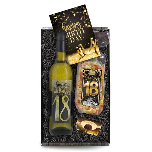Bull & Bear Geschenkbox "Happy Birthday 18", Set mit Weisswein, Nudeln und Geburtstagskarte, Geschenk zum 18. Geburtstag