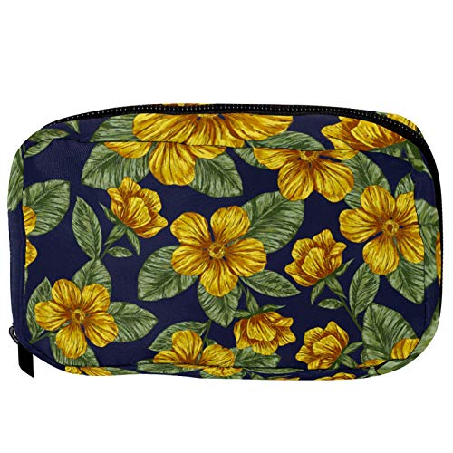 Kosmetiktasche mit gelbem Blumenmuster, grüne Blätter, marineblau, praktische Kulturtasche, Reisetasche, Oragniser, Make-up-Tasche für Frauen und Mädchen