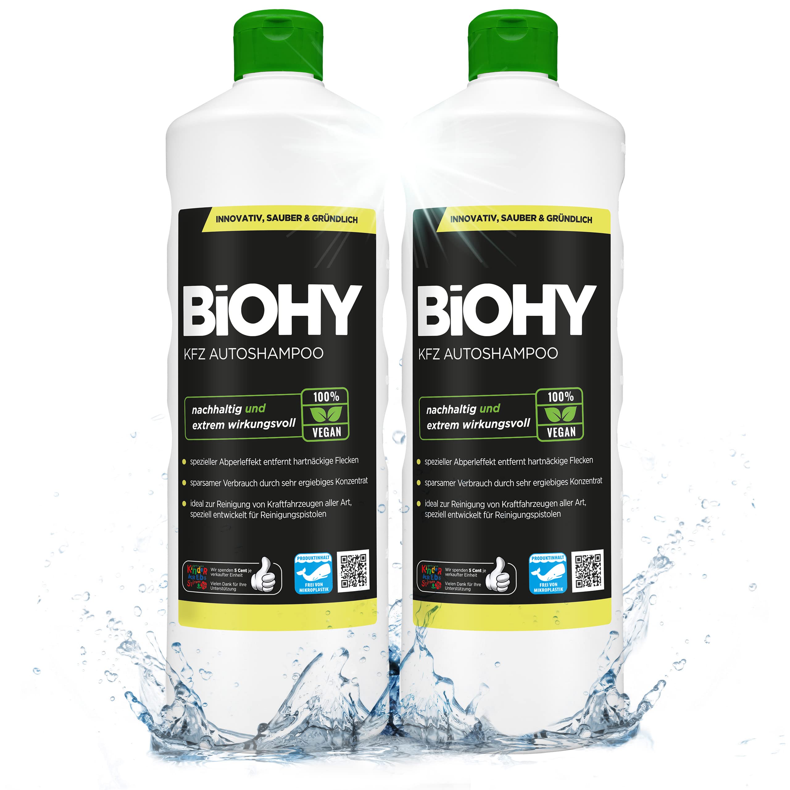 BIOHY KFZ Autoshampoo (2 x 1 Liter) | Bio Autoreiniger schützt Lack vor Schmutz von Außen | biologisch abbaubares Reinigungsmittel | für Hochdruckreiniger geeignet | kraftvolles Konzentrat