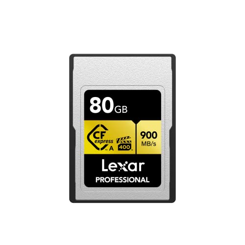 Lexar Professionelle 80 GB CFexpress Typ A Series Speicherkarte, bis zu 900 MB/s Lesen, 8K Video, bewertet VPG 400 (LCAGOLD080G-RNENG), schwarz/Gold